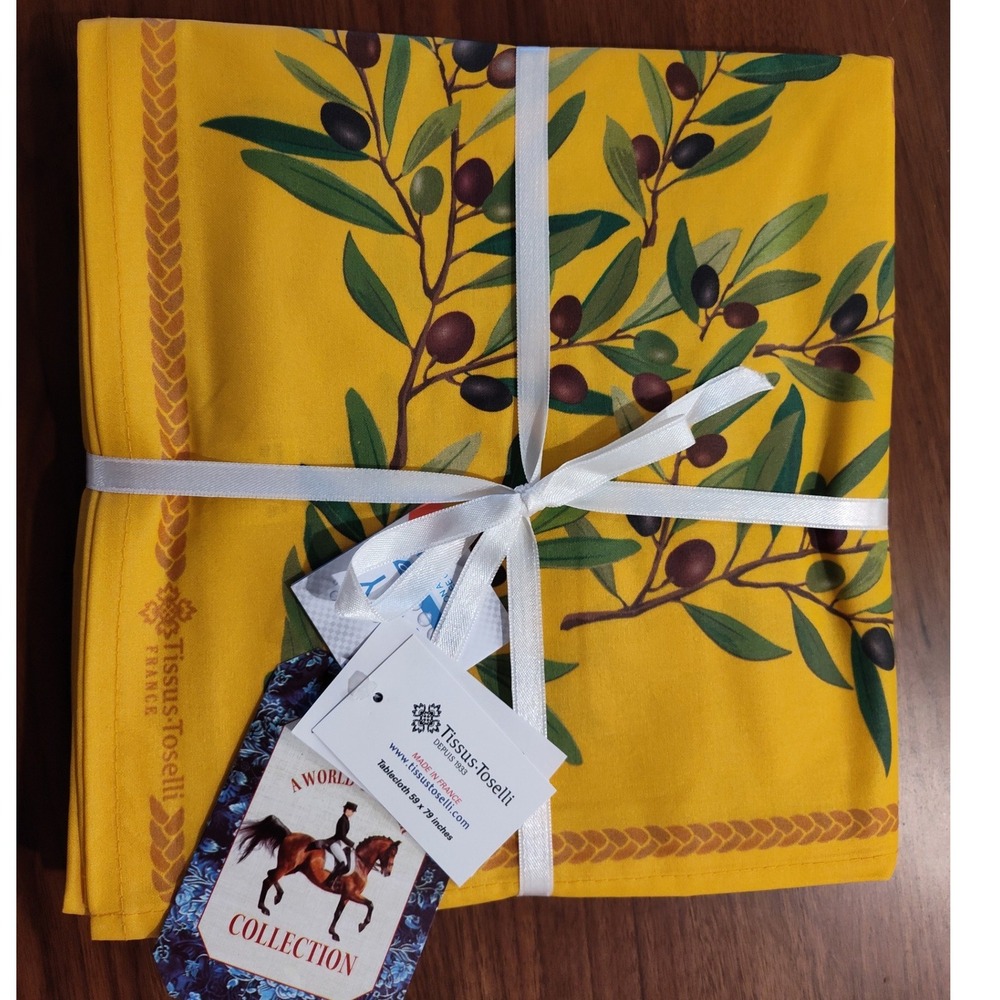 Tissus-Toselli French Tablecloth Yellow Olive Branch Stain-Free 59x79 NWT